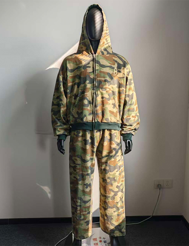 Chaquetas con cremallera Vintage cuadradas personalizadas, ropa de calle recortada, peso pesado, fabricantes de gran tama&ntilde;o, Sudadera con capucha con cremallera de camuflaje con estampado completo