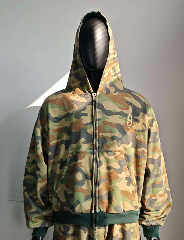 Chaquetas con cremallera Vintage cuadradas personalizadas, ropa de calle recortada, peso pesado, fabricantes de gran tama&ntilde;o, Sudadera con capucha con cremallera de camuflaje con estampado completo