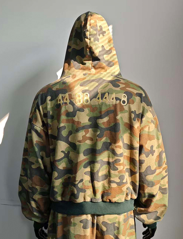 Chaquetas con cremallera Vintage cuadradas personalizadas, ropa de calle recortada, peso pesado, fabricantes de gran tama&ntilde;o, Sudadera con capucha con cremallera de camuflaje con estampado completo