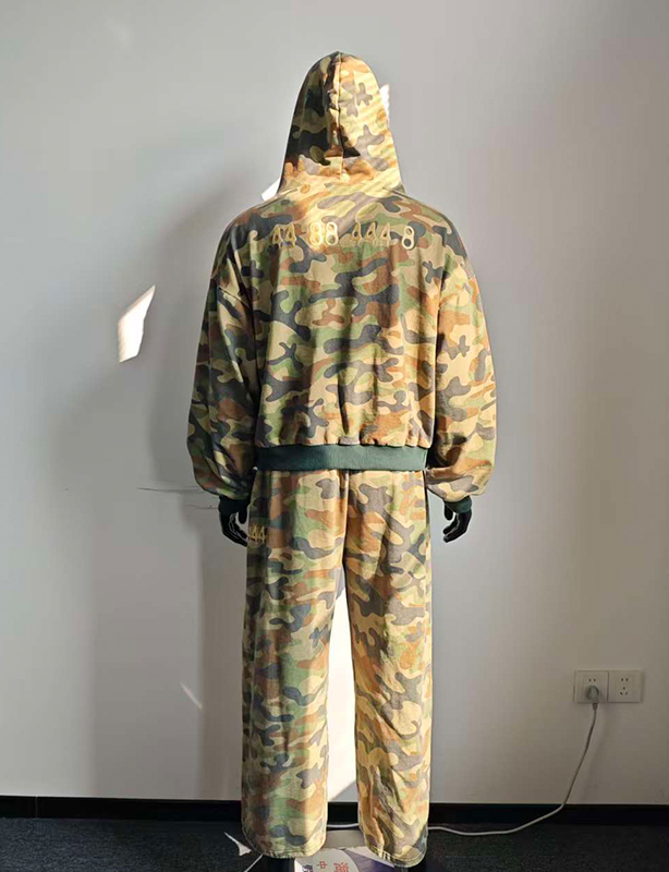 Chaquetas con cremallera Vintage cuadradas personalizadas, ropa de calle recortada, peso pesado, fabricantes de gran tama&ntilde;o, Sudadera con capucha con cremallera de camuflaje con estampado completo